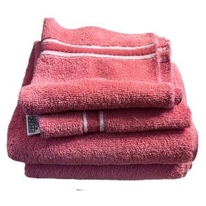 Vintage MCM Utica 2 Pink Salmon Hand Towels & Washcloths White Stripe EUC